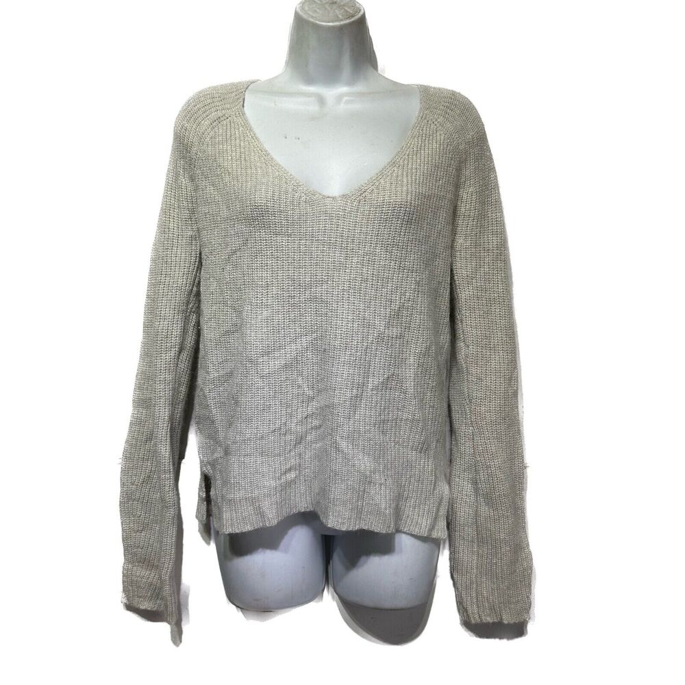 paige Gray lambswool cashmere v-neck knit Ribbed pullover sweater Size S Adalyn